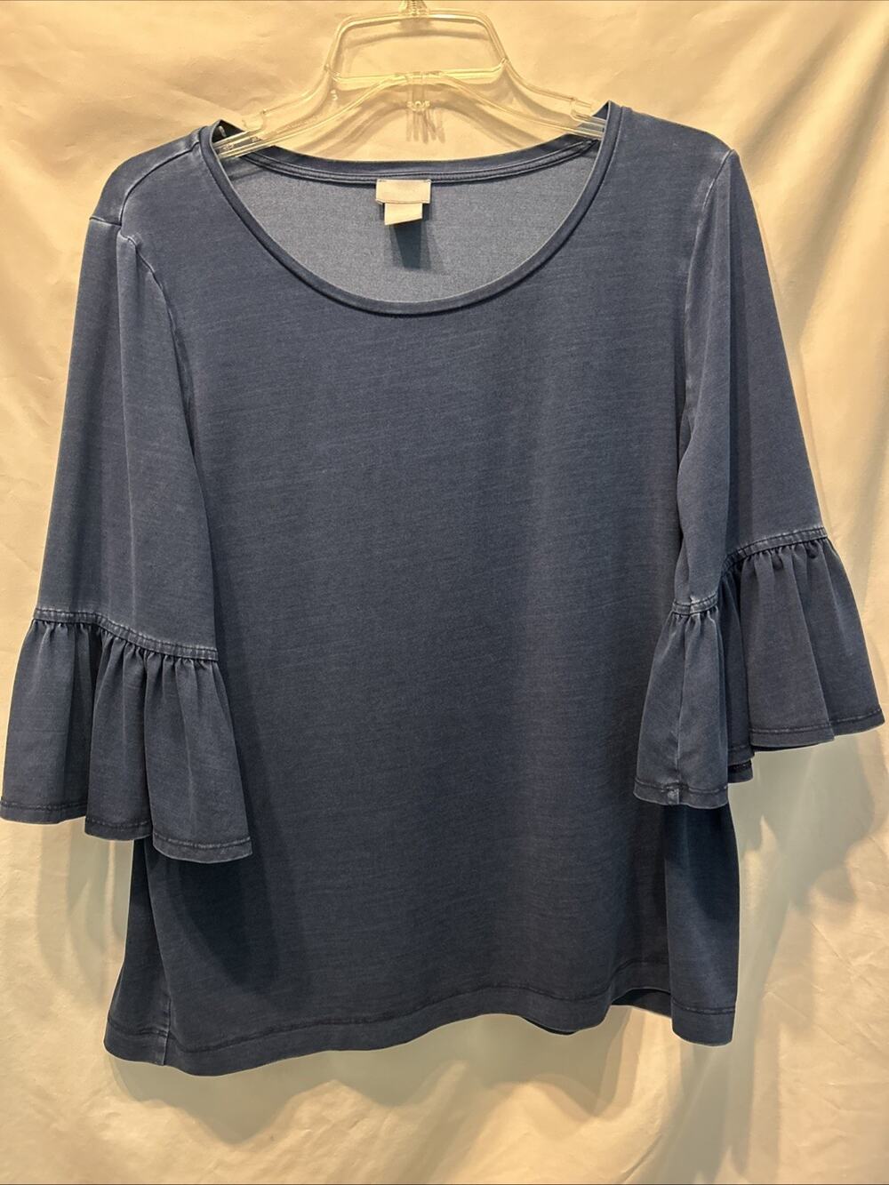 Chico's Large Riviera Authentic Flare Sleeve Jersey Scoop Neck Blouse Blue